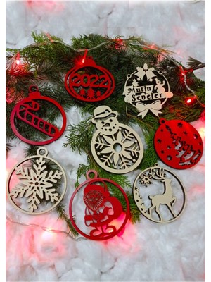 Empressco Ahşap Yılbaşı Süsleri 8'li Kırmızı Çam Ağacı Dekorasyonu