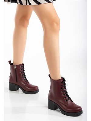 Zerenyus ZRİN-3025 Premium Bordo Bağcıklı Fermuarlı Kalın Topuklu Günlük Kadın Bot