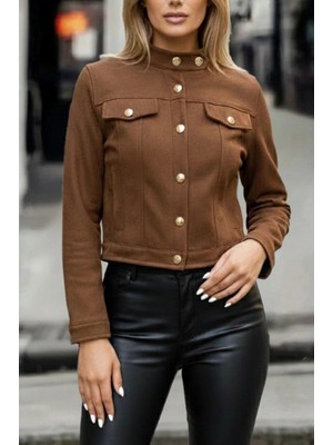 Çamaşır Kenti Kadın Uzun Kollu Yakadan ve Önden Düğmeli Süet Kısa Ceket