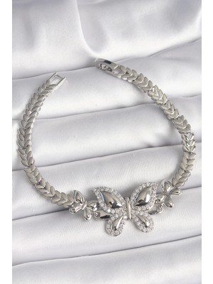 Eco Port Pirinç Gümüş Renk Zirkon Taşlı Kelebek Model Kadın Bileklik