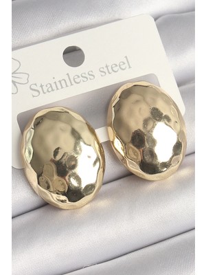 Eco Port Pirinç Gold Renk Işlemeli Bombe Oval Model Kadın Küpe