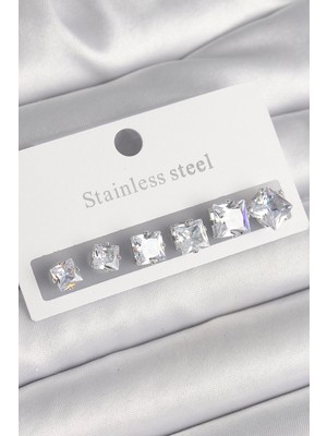 Eco Port 316L Çelik Gümüş Renk Kare Zirkon Taşlı Kadın Küpe Seti