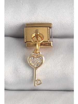Eco Port 316L Çelik Gold Renk Sallantı Zirkon Taşlı Kalpli Anahtar Model Nomination Charm