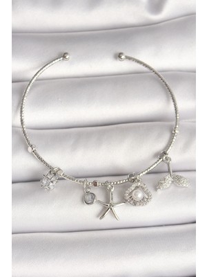Eco Port Pirinç Gümüş Renk Sallantı Zirkon Taşlı Deniz Yıldız Figür Balık Kuyruğu Detay Charm Kadın Bileklik