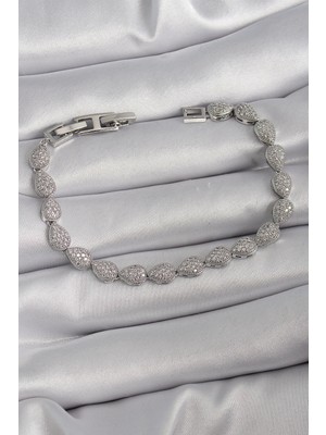 Eco Port Pirinç Gümüş Renk Zirkon Taşlı Damla Model Vıp Seri Kadın Bileklik