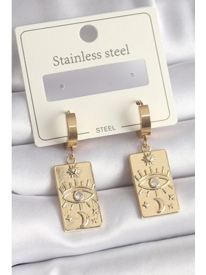 Eco Port 316L Çelik Gold Renk Zirkon Taşlı Göz Işleme Detay Plaka Model Kadın Küpe