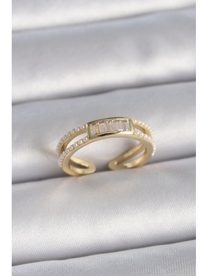 Eco Port Pirinç Gold Renk Ayarlanabilir Sıralı Incili Zirkon Taş Detaylı Kadın Yüzük