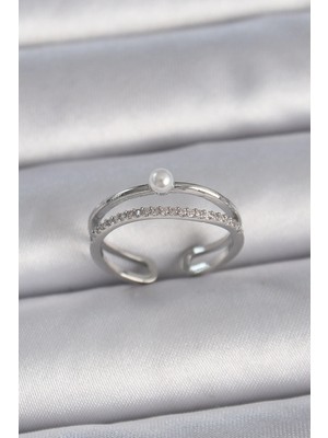 Eco Port Pirinç Gümüş Renk Zirkon Taşlı Inci Detay Ayarlanabilir Model Kadın Yüzük