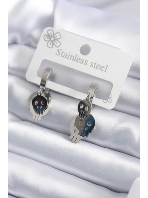 Eco Port 316L Çelik Gümüş Renk Sallantı Kuru Kafa Model Kadın Küpe