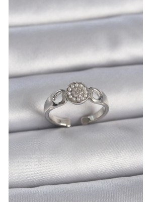 Eco Port Pirinç Gümüş Renk Zirkon Taşlı Incili Kalp Işleme Detay Ayarlanabilir Model Kadın Yüzük