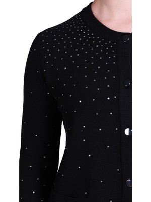 Vedi Sempre Minimalist Yuvarlak Yaka Uzun Kol Kadın Kazak - Taş Detaylı