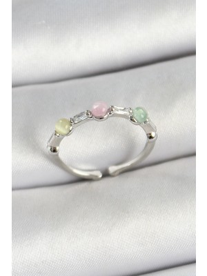 Eco Port Pirinç Sıralı Boncuk Figürlü Zirkon Taşlı Gümüş Renk Ayarlanabilir Kadın Yüzük