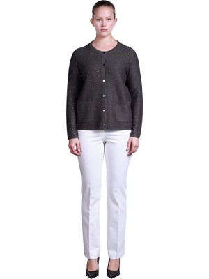 Vedi Sempre Minimalist Yuvarlak Yaka Uzun Kol Kadın Kazak - Taş Detaylı