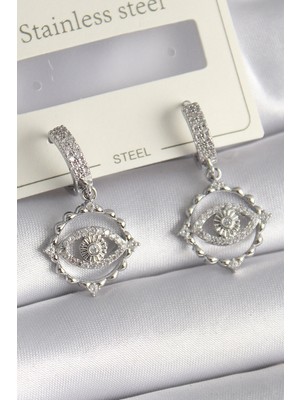 Eco Port Pirinç Gümüş Renk Zirkon Taşlı Göz Model Kadın Küpe