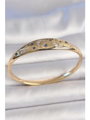 Eco Port Pirinç Gold Renk Zirkon Taşlı Hilal Işleme Mavi Taşlı Yıldız Detay Kadın Kelepçe