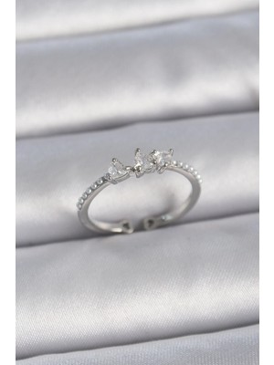 Eco Port Pirinç Gümüş Renk Zirkon Taşlı Kalp Inci Detay Ayarlanabilir Model Kadın Yüzük