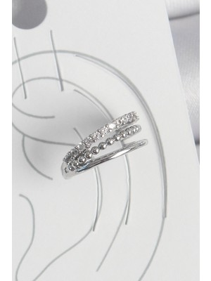 Eco Port Pirinç Gümüş Renk Zirkon Taşlı 3'lü Sıralı Model Kadın Kıkırdak Küpe