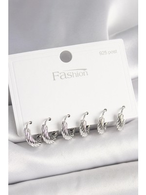 Eco Port 925 Ayar Gümüş Çivi Pirinç Gümüş Renk Işlemeli Halka Model Kadın Küpe Seti