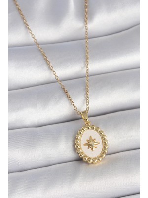 Eco Port 316L Çelik Gold Renk Zincir Beyaz Mineli Kutup Yıldız Işlemeli Madalyon Model Kadın Kolye
