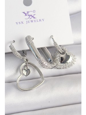 Eco Port Pirinç Gümüş Renk Sallantı Zirkon Taşlı Kalp Model 3'lü Kadın Kombin Küpe