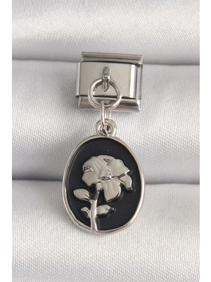 Eco Port 316L Çelik Gümüş Renk Gümüş Çiçek Işlemeli Siyah Portre Model Nomination Charm