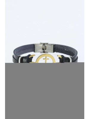 Eco Port Gold Renk Deniz Çapası Figürlü Metal Aksesuarlı Siyah Renk Deri Erkek Bileklik