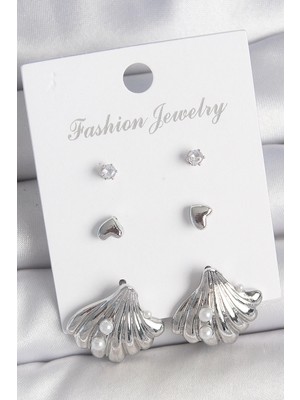 Eco Port Pirinç Gümüş Renk Zirkon Taş Detaylı Inci Detaylı Deniz Kabuğu Model 3 Çift Kadın Küpe