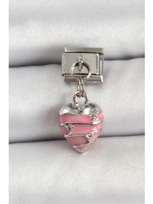 Eco Port 316L Çelik Gümüş Renk Pembe Kalp Model Nomination Charm