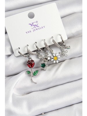 Eco Port Pirinç Zirkon Taşlı Gül ve Papatya Model Gümüş Renk 3'lü Çift Kadın Küpe