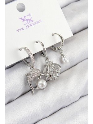 Eco Port Pirinç Zirkon Taşlı 3'lü Yunus Balığı ve Istiridye Model Gümüş Renk Kadın Küpe