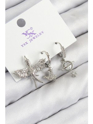 Eco Port Pirinç Zirkon Taşlı 3'lü Kuş Model Gümüş Renk Kadın Küpe