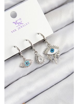 Eco Port Pirinç Zirkon Taşlı 3'lü Fatma'nın Gözü Model Gümüş Renk Kadın Küpe