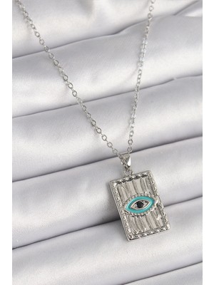 Eco Port 316L Çelik Gümüş Renk Zirkon Taşlı Göz Işleme Detaylı Plaka Model Kadın Kolye