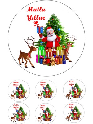 Empressco Çok Renkli Yenilebilir Pasta Resmi, 16 Cm, 6-10 Kişilik, Yılbaşı Temalı