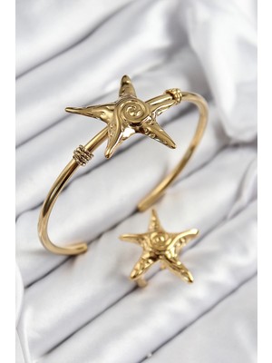 Eco Port Pirinç Deniz Yıldızı Model Gold Renk Bileklik Yüzük Set