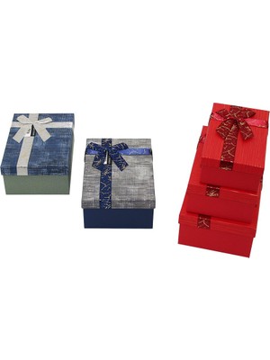 3pcs D.dörtgen Çizgili Mix Renkli Karton Hediye Kutusu Kurdelalı 22.5X15.5-20.5X13.5-18.5X11
