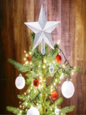 Empressco Parlak Gümüş Yılbaşı Ağaç Tepe Yıldızı 20 cm Lame Simli Işıltı