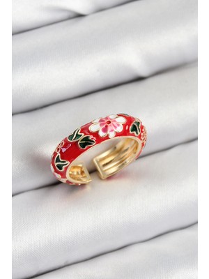 Eco Port Pirinç Kırmızı Mineli Çiçek Motifli Gold Renk Ayarlanabilir Kadın Yüzük