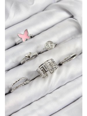 Eco Port Pirinç Kelebek ve Kalp Model Gümüş Renk Kadın Yüzük Kombin Set