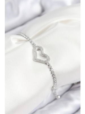 Eco Port Pirinç Zirkon Taşlı Kalp Model Gümüş Renk Asansörlü Kadın Bileklik