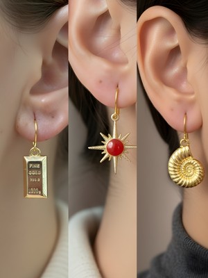 NKT Collection Deniz Kabuğu Kırmızı Kutup Yıldızı Külçe Altın Sembol Figürlü 3’lü Kadın Küpe Set