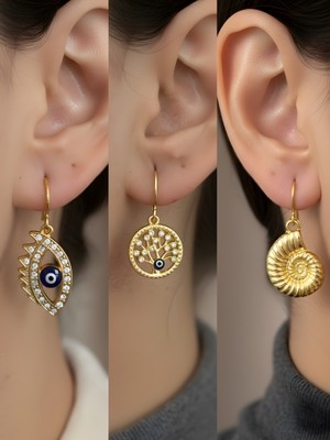 NKT Collection Deniz Kabuğu Hayat Ağacı Nazar Göz Sembol Figürlü 3’lü Kadın Küpe Set