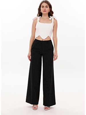 La Pante Kadın Pantolon Palazzo Pantolon Geniş Paça Pantolon Likralı Bol Paça Rahat Siyah Çizgili Düğmeli Şık