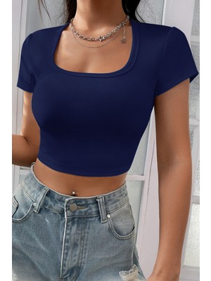 Marsilyan Kadın Lacivert Yarım Kol Düz Yaka Crop Top Bluz
