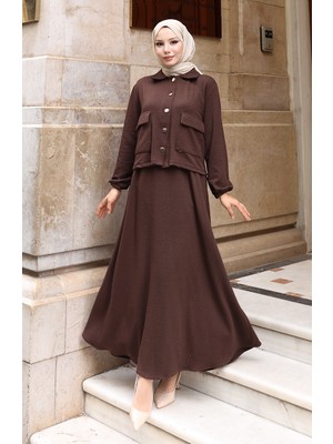 Fitilli Düğmeli Ceket Elbise Tesettür Takım 0219-01 Kahverengi