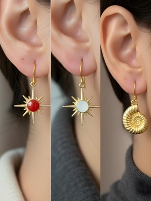 NKT Collection Beyaz Kutup Yıldızı Deniz Kabuğu Kırmızı Kutup Yıldızı Sembol Figürlü 3’lü Kadın Küpe Set