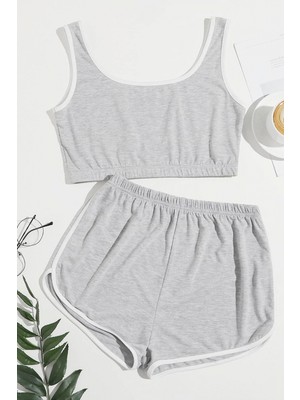 Marsilyan Kadın Gri Askılı Crop Top ve Şortlu Gecelik Takım
