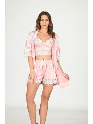 Marsilyan Pudra Kadife Dantelli Sabahlık & Gecelik Takım 3' Lü - 1438