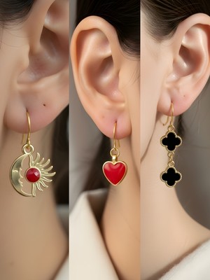 NKT Collection Siyah Yonca Kırmızı Kalp Ay Güneş Sembol Figürlü 3’lü Kadın Küpe Set