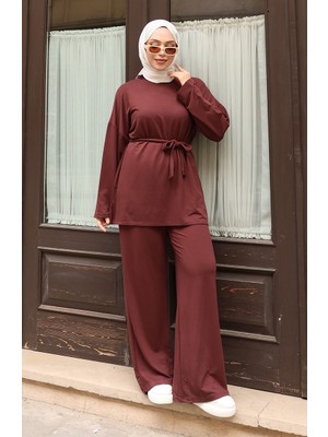 Sefa Merve Bağcık Detaylı Tesettür Pantolonlu Takım 2174-05 Kahverengi